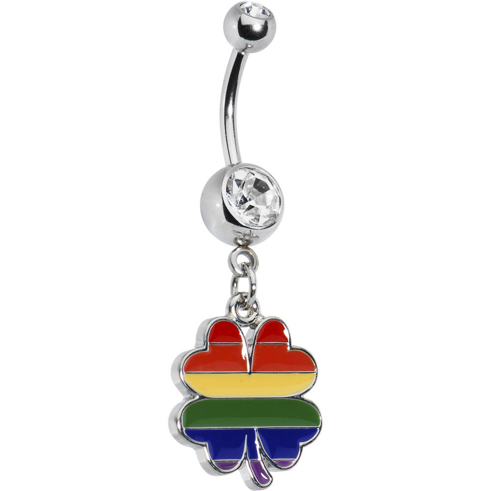 Rainbow Four Leaf Clover Dangle Belly Ring