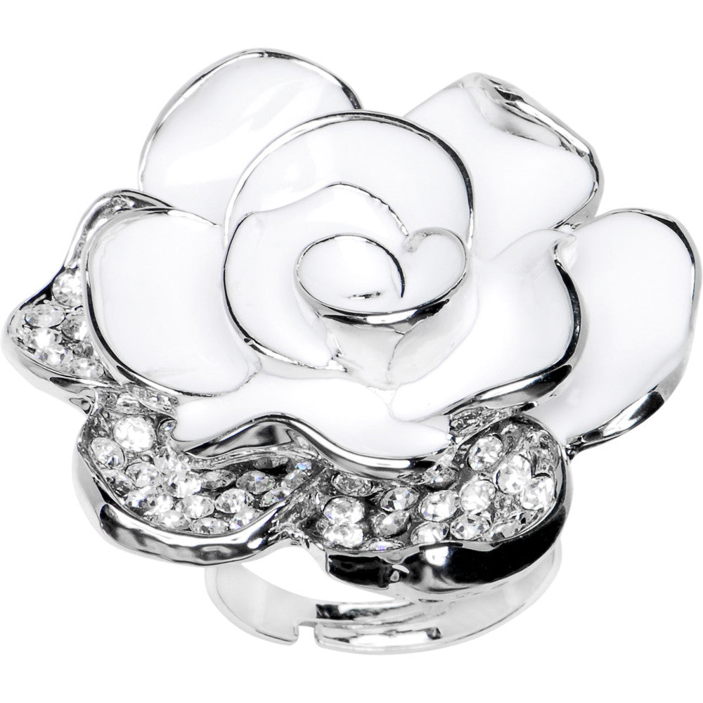 White Jeweled Bloom Flower Adjustable Ring