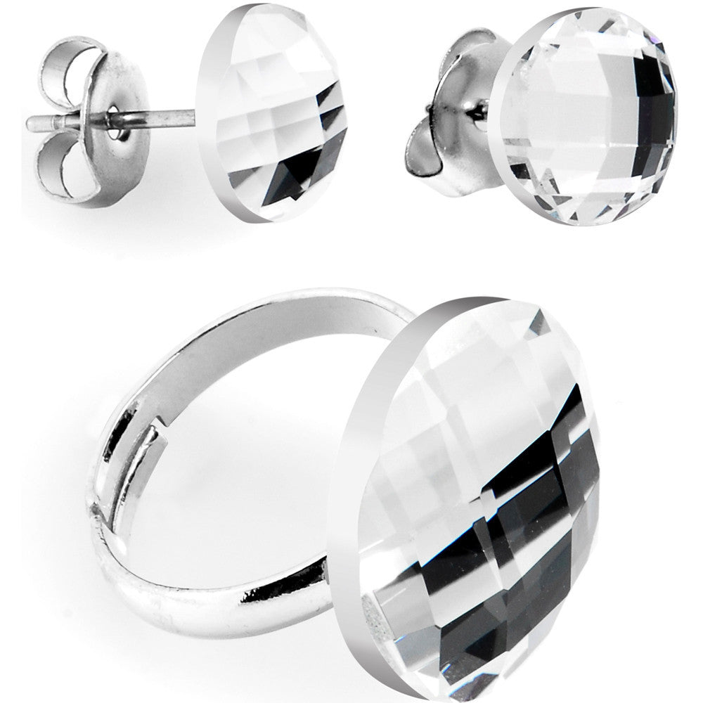 Clear Round Adjustable Ring and Stud Earring Set