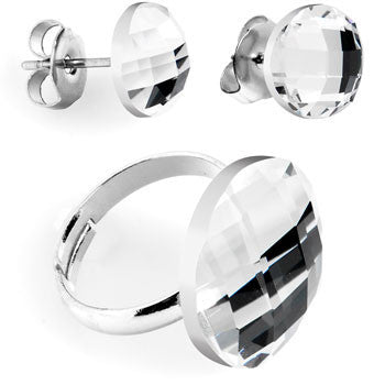 Clear Round Adjustable Ring and Stud Earring Set