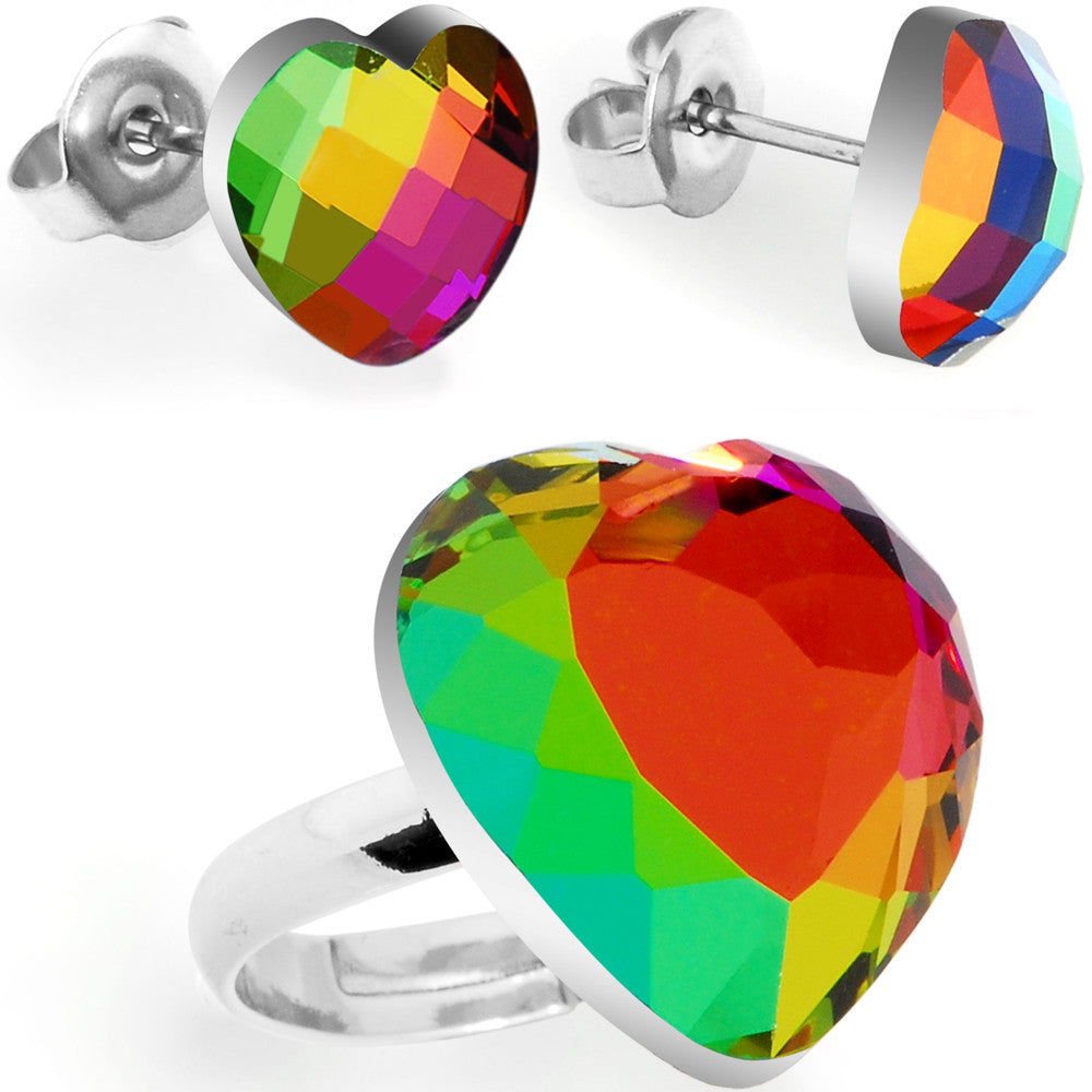 Rainbow Heart Adjustable Ring and Stud Earring Set