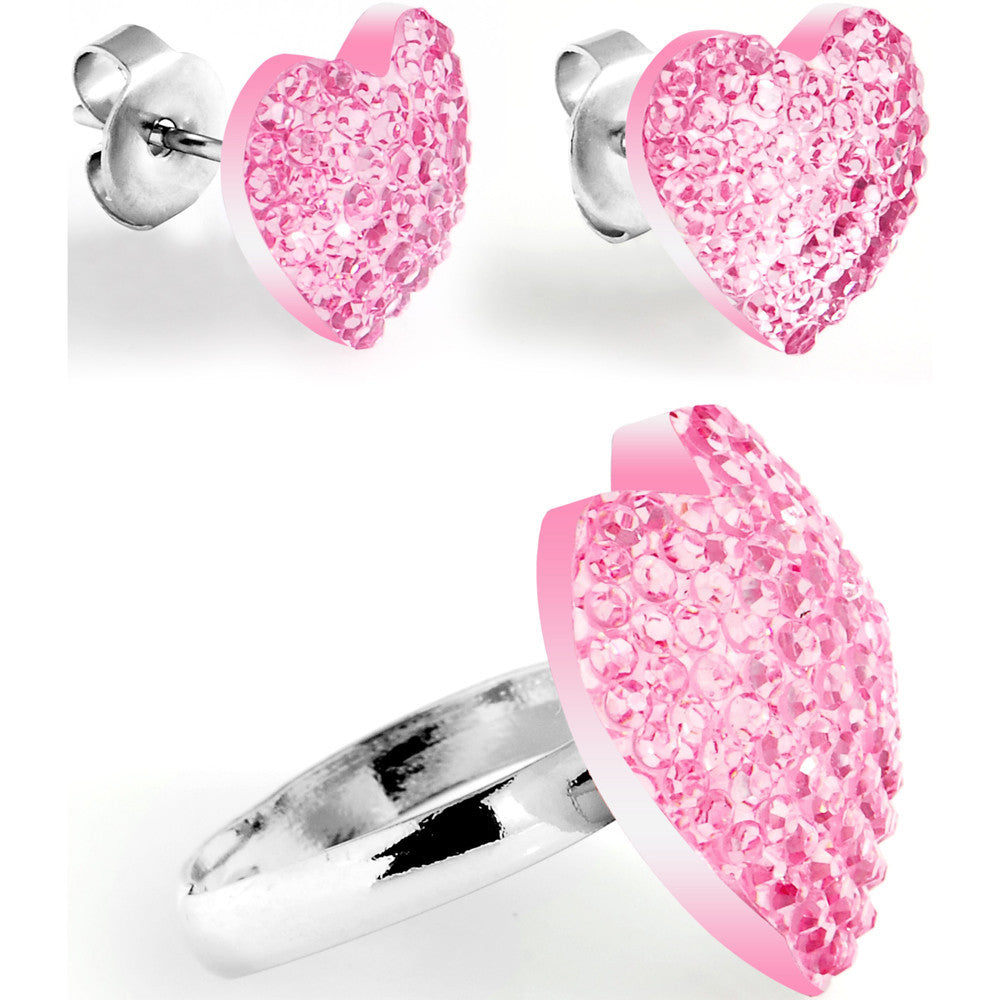 Pink Sparkler Heart Adjustable Ring and Stud Earring Set
