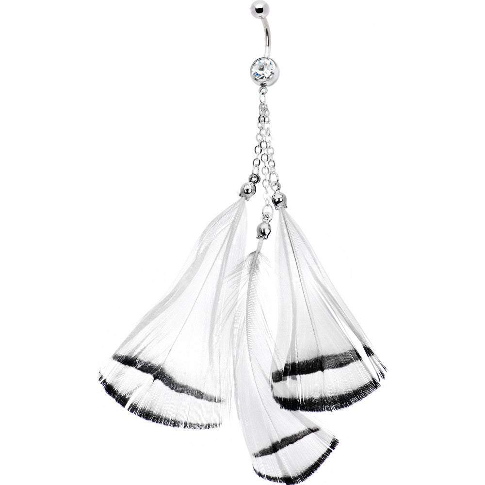 White with Black Stripe Feather Drop Belly Ring