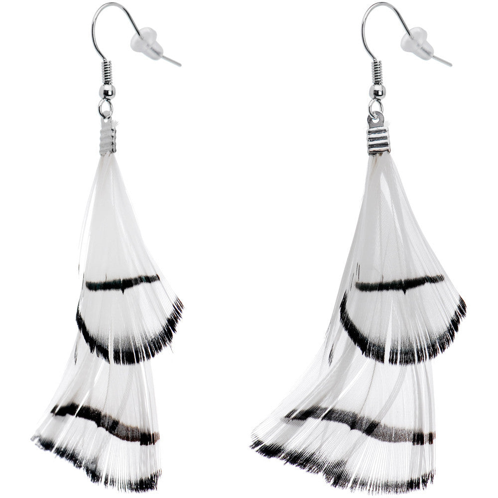 White with Black Stripe Feather Drop Earrings
