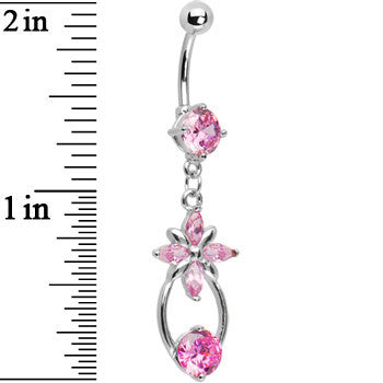 Pink CZ Flower Drop Belly Ring