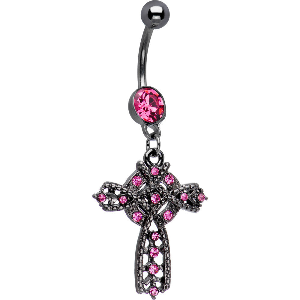 Rose Flower Gem Midnight Halo Cross Dangle Belly Ring