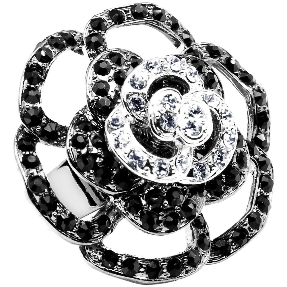 Black and Clear Crystal Flower Bloom Adjustable Ring