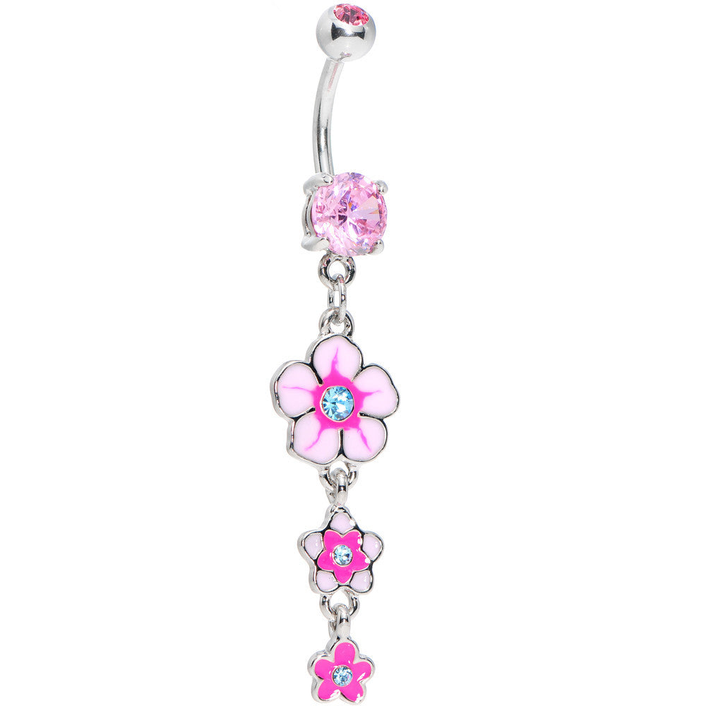 Pink Cubic Zirconia Three Flower Drop Belly Ring