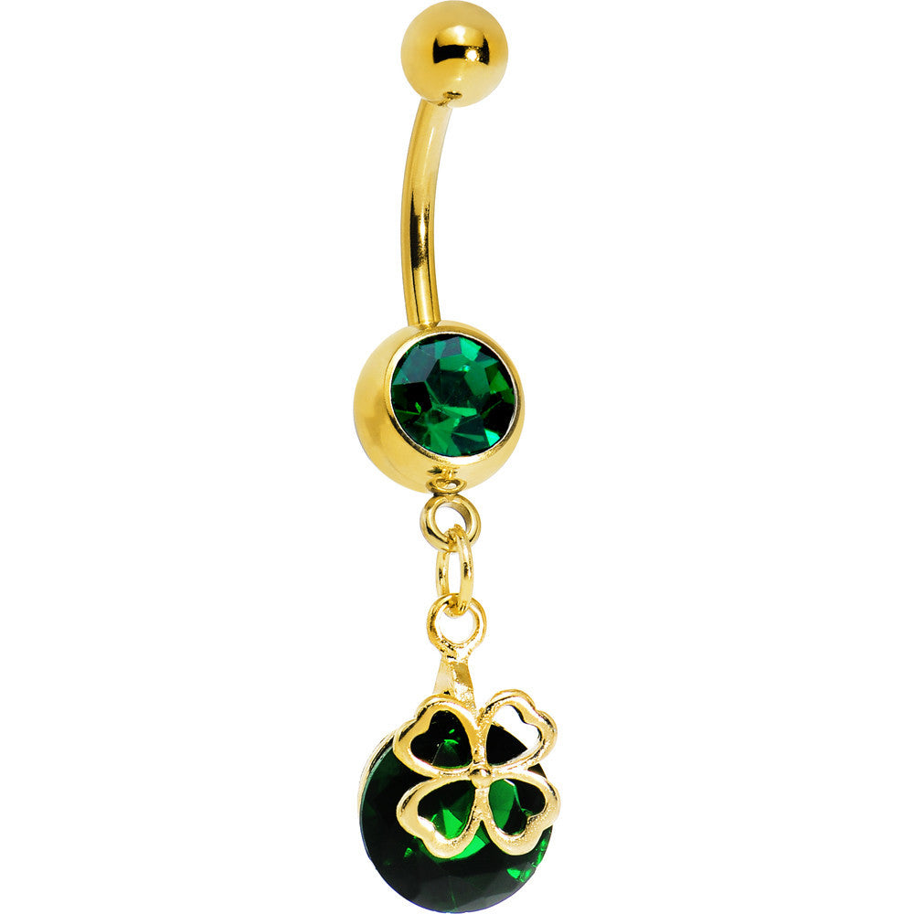 Gold Plated Emerald Green Gem Four Leaf Clover Belly Ring