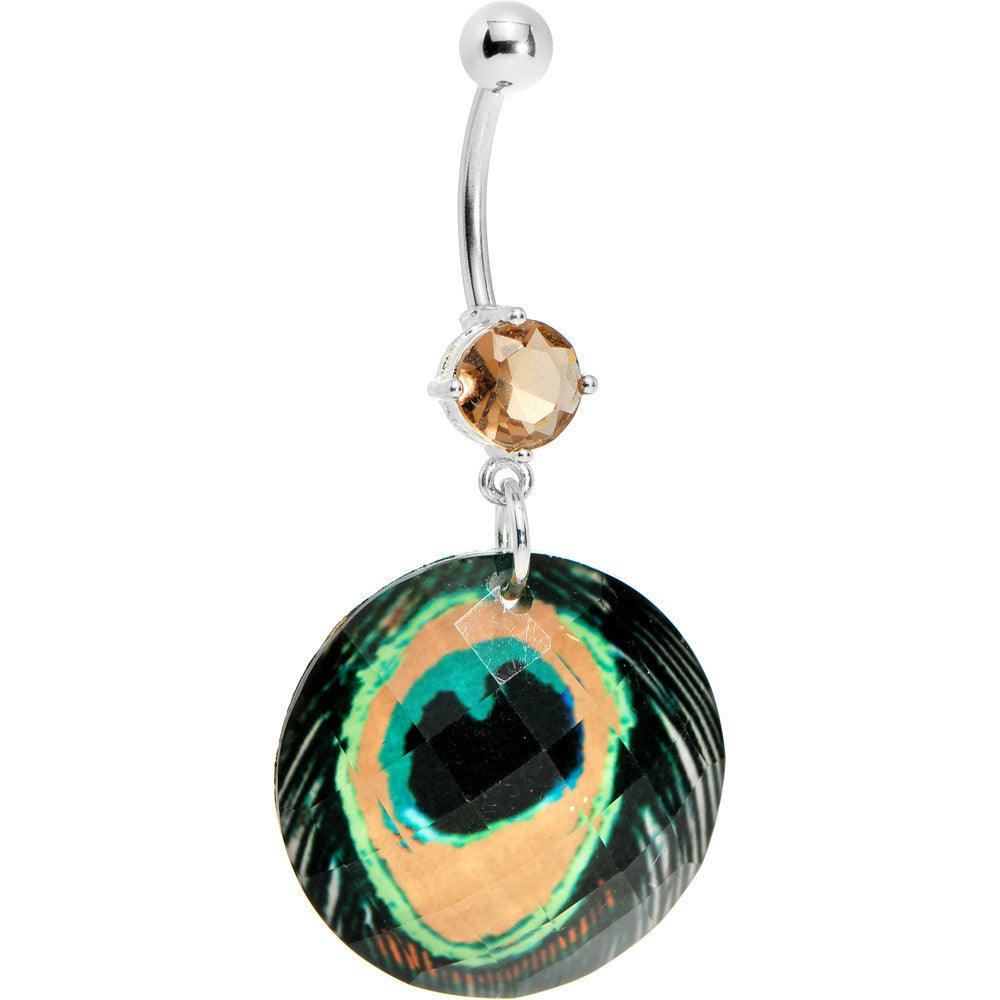 Faceted Gem Peacock Feather Design Belly Ring