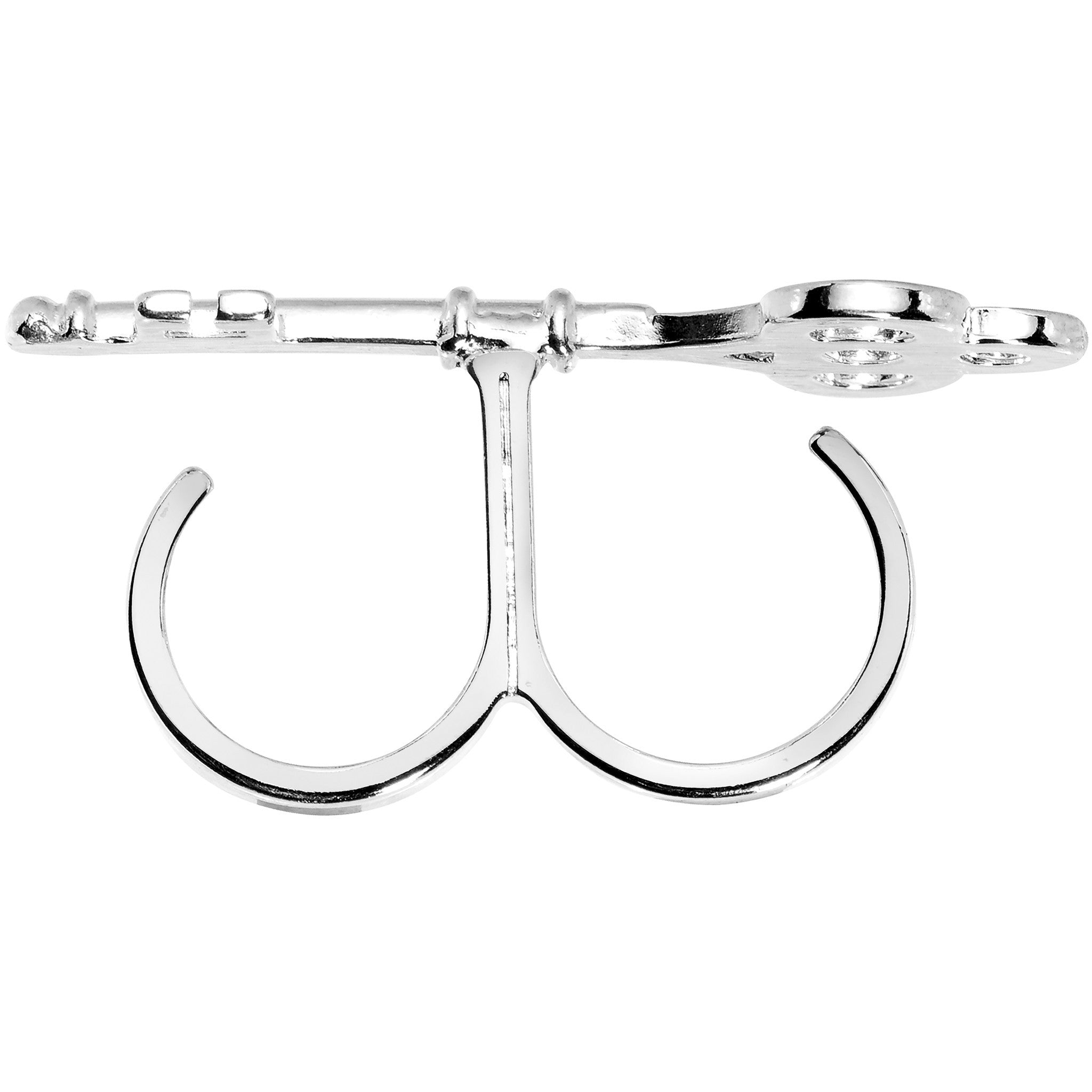Silver Tone Crystalline Skeleton Key Double Finger Ring