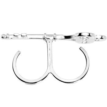 Silver Tone Crystalline Skeleton Key Double Finger Ring