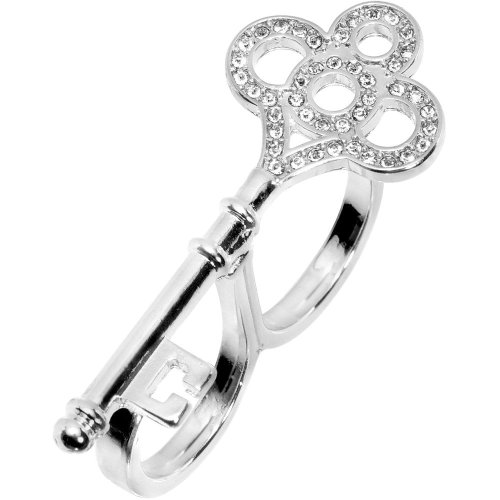 Silver Tone Crystalline Skeleton Key Double Finger Ring