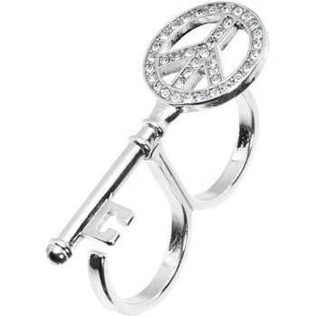 Silver Tone Peace Sign Shaped Key Double Finger Ring