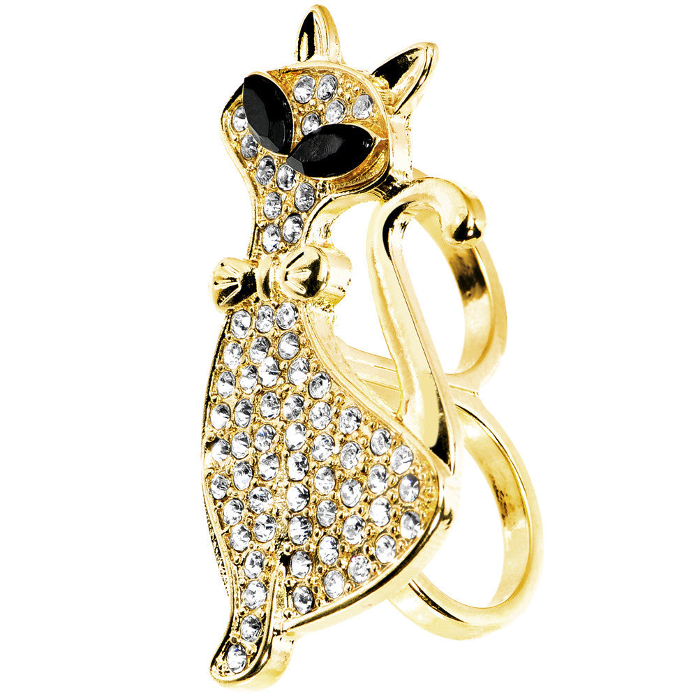 Gold Tone Crystalline Fashion Feline Double Finger Ring