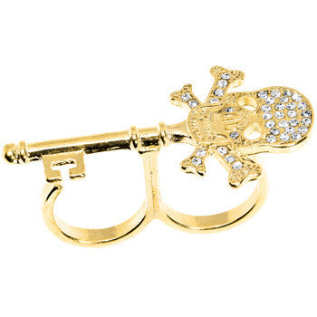 Gold Tone Crystalline Skull & Cross Bones Double Finger Ring