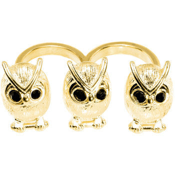 Gold Tone Owl Trio Double Finger Ring