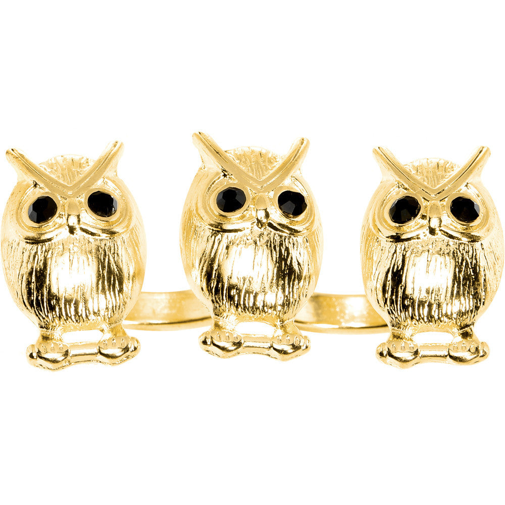 Gold Tone Owl Trio Double Finger Ring
