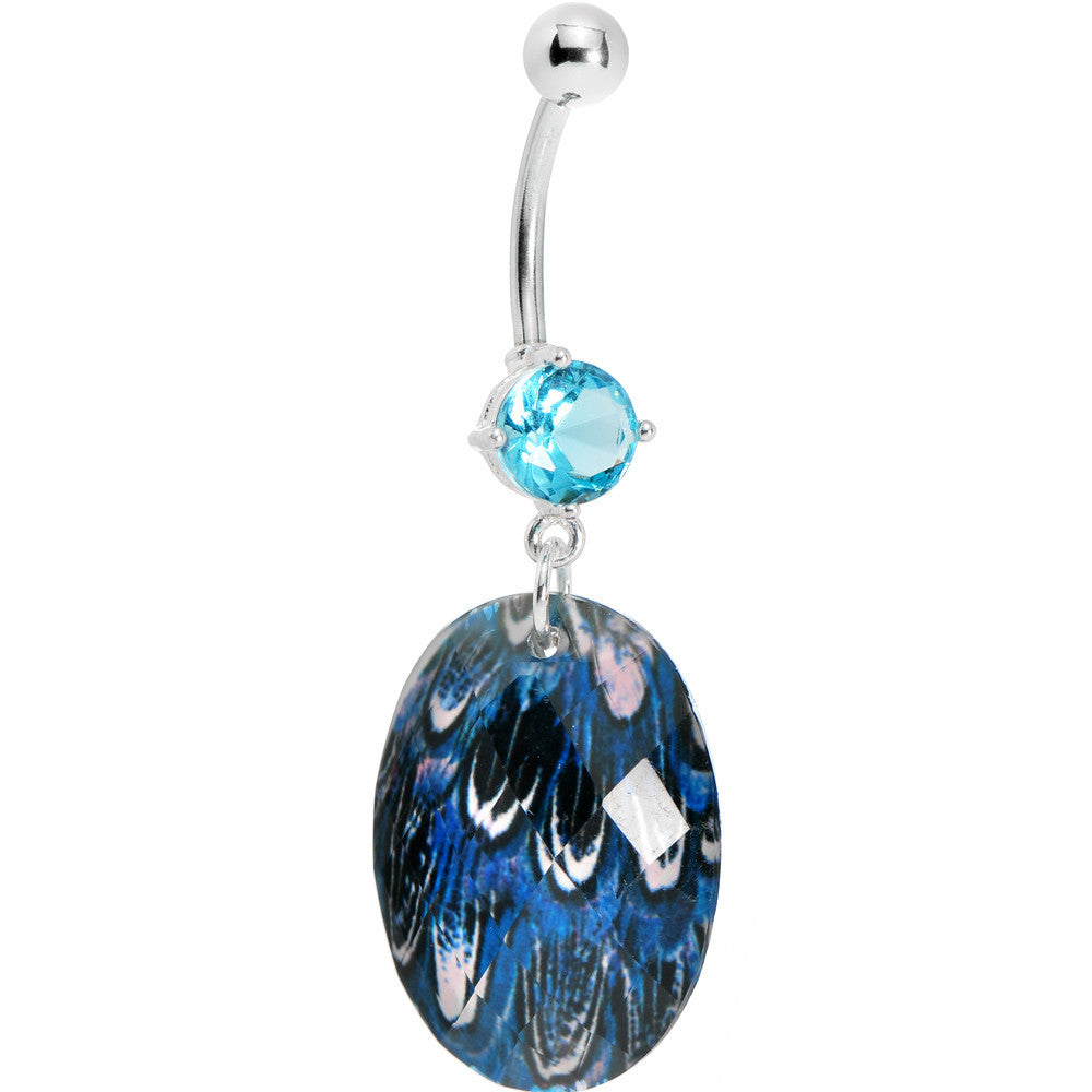 Prong Set Blue Gem Paradise Feather Oval Dangle Belly Ring