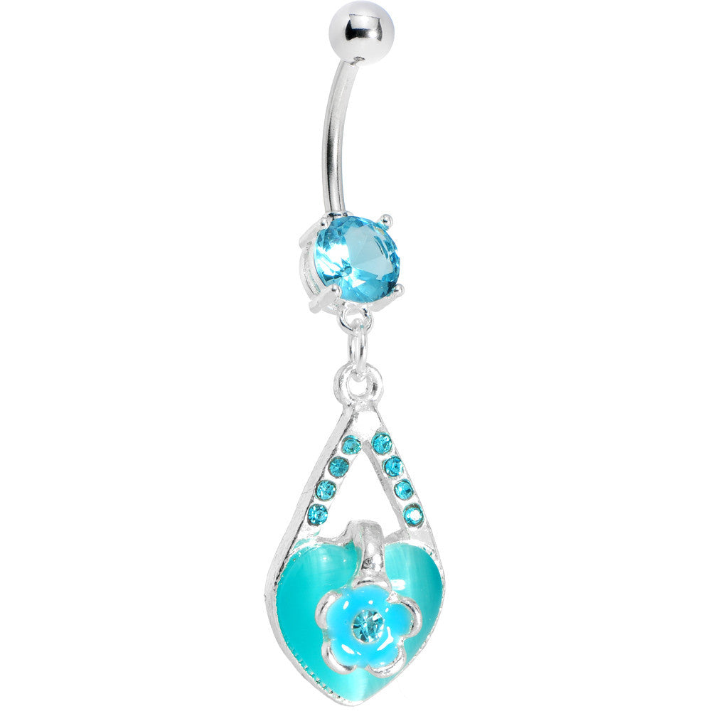 Aqua Gem Heart Flower Belly Ring