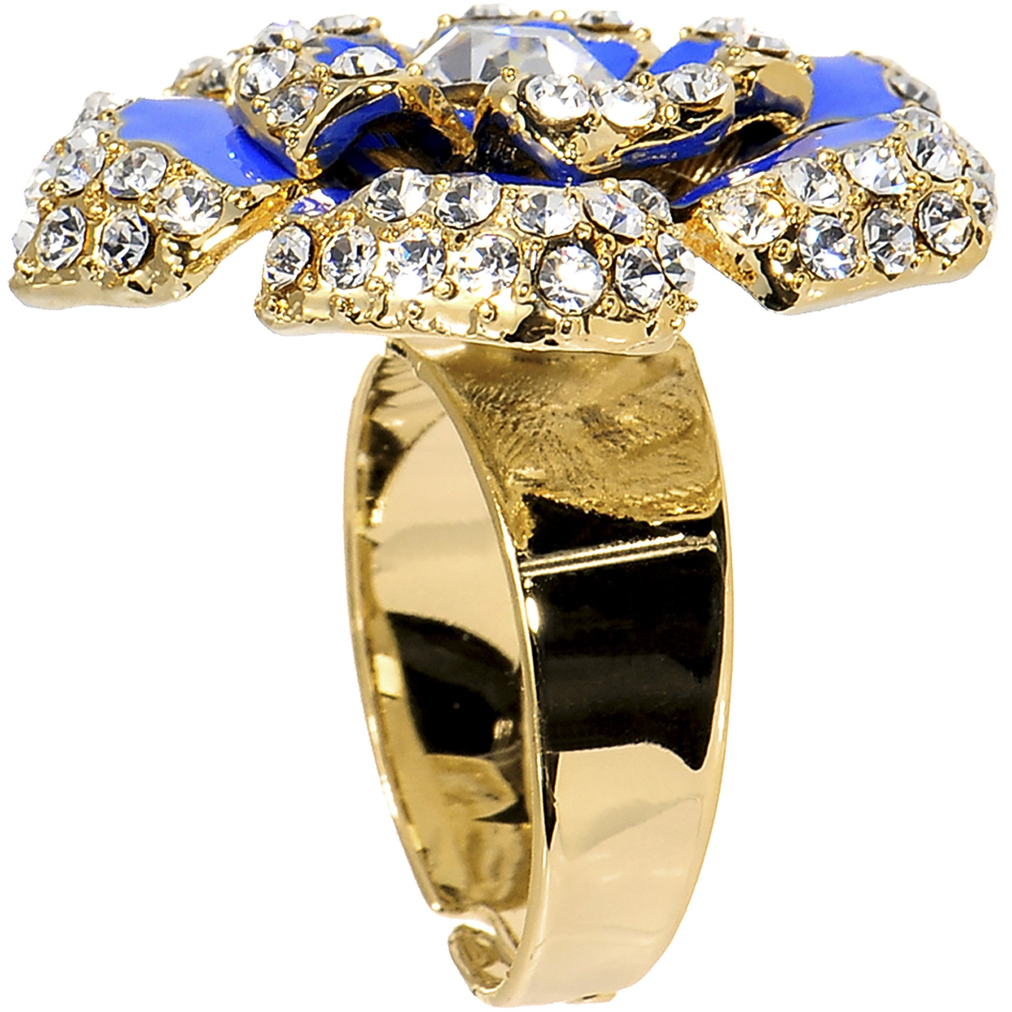 Gold Tone Crystalline Blue Enamel Flower Adjustable Ring