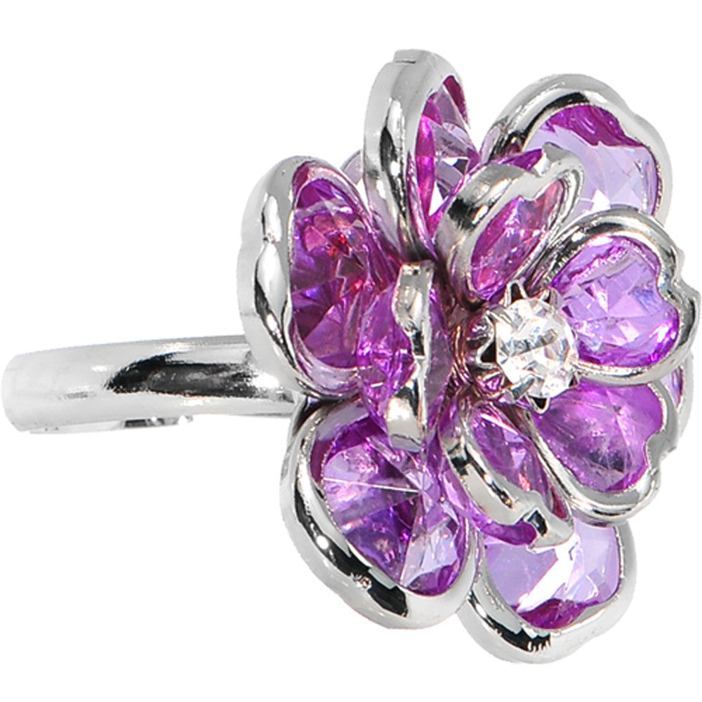 Small Purple Faceted Blooming Flower Adjustable Ring