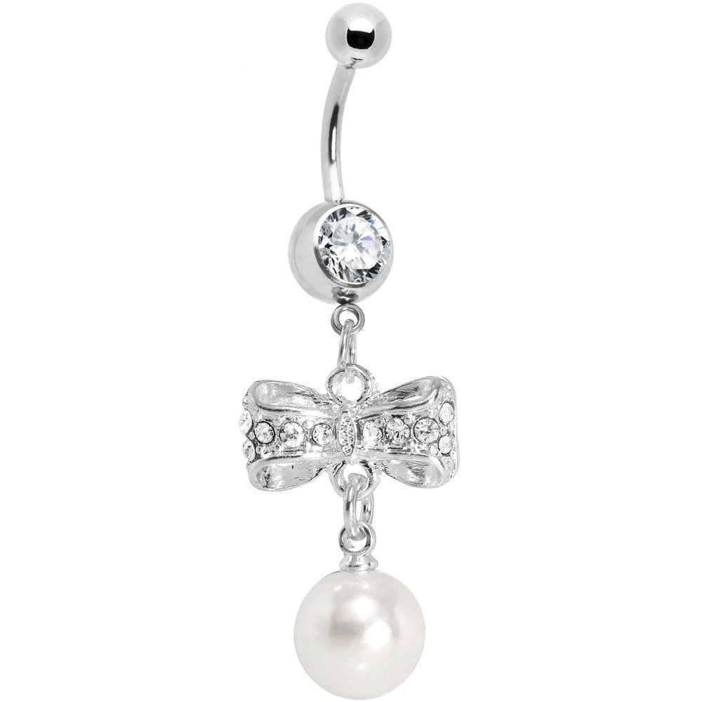 Crystalline Gem Sparkling Bow Faux Pearl Belly Ring