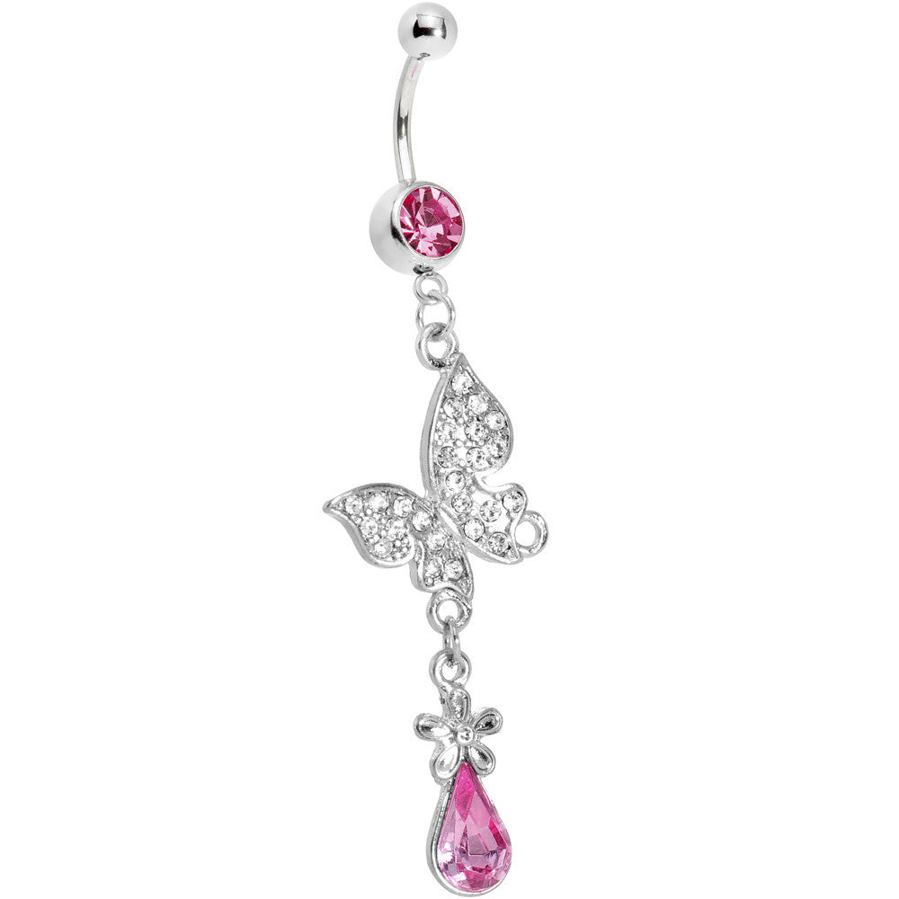 Pink Gem Butterfly Flower Teardrop Belly Ring