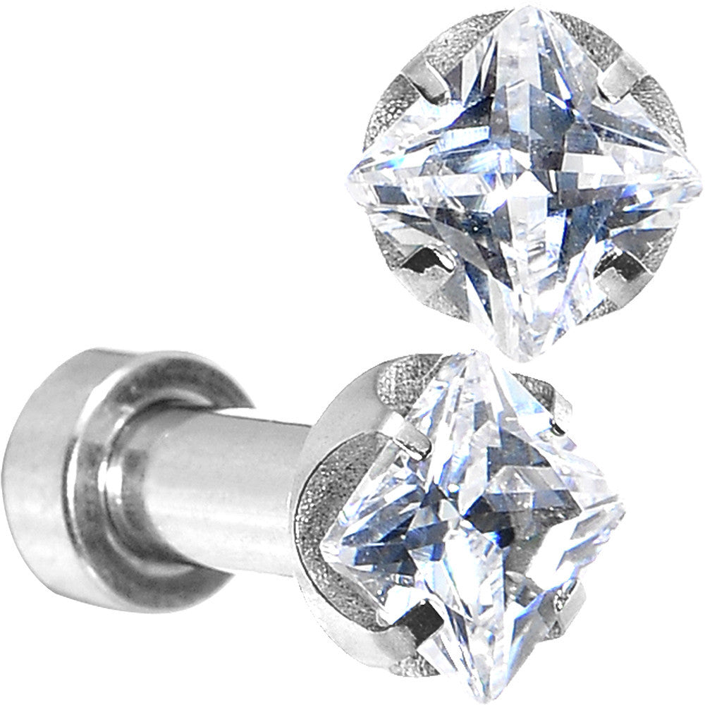 8G Stainless Steel Clear Square CZ Screw Fit Tunnel Set