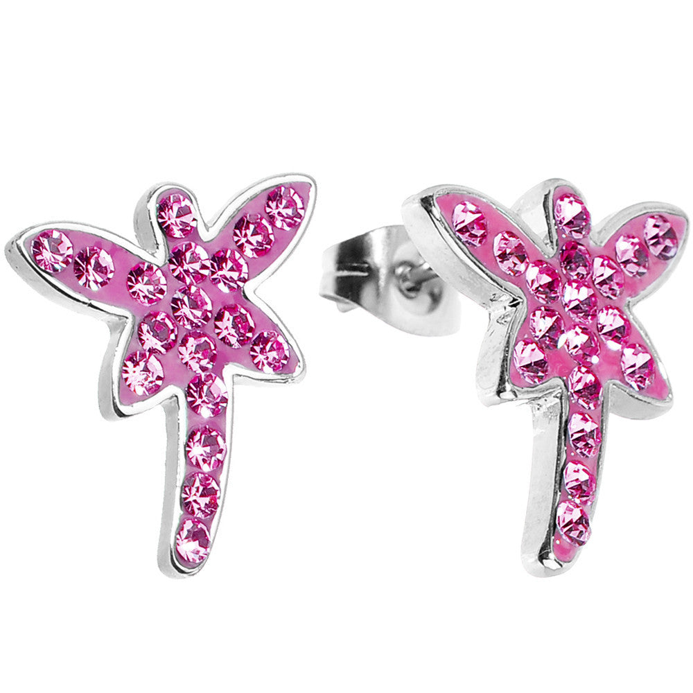 Pink Ferido Crystal Dragonfly Stud Earrings