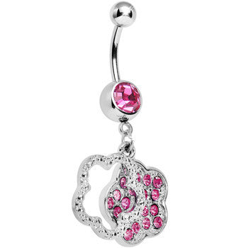 Pink Gem Paved Flower Dotted Line Belly Ring