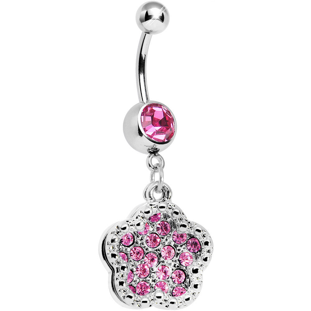 Pink Gem Paved Flower Dotted Line Belly Ring