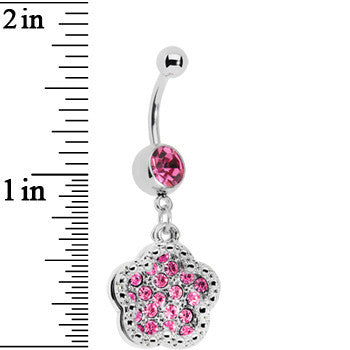 Pink Gem Paved Flower Dotted Line Belly Ring