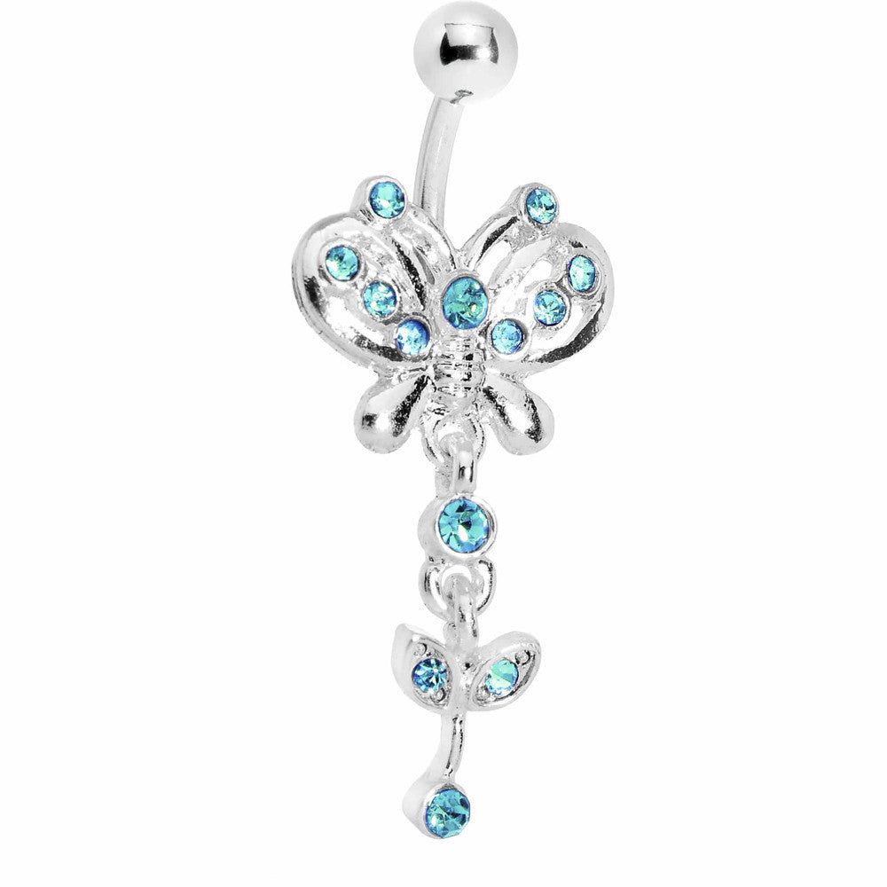 Aqua Gem Butterfly Flower Drop Belly Ring