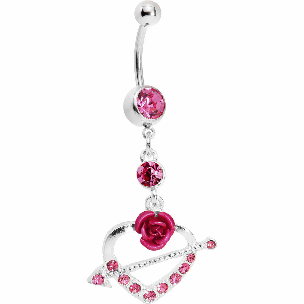 Pink Gem Rose Flower Heart with Arrow Belly Ring