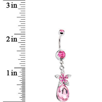 Pink Gem Exotic Flower Teardrop Belly Ring