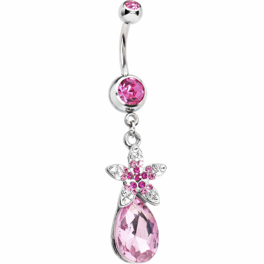 Pink Gem Exotic Flower Teardrop Belly Ring