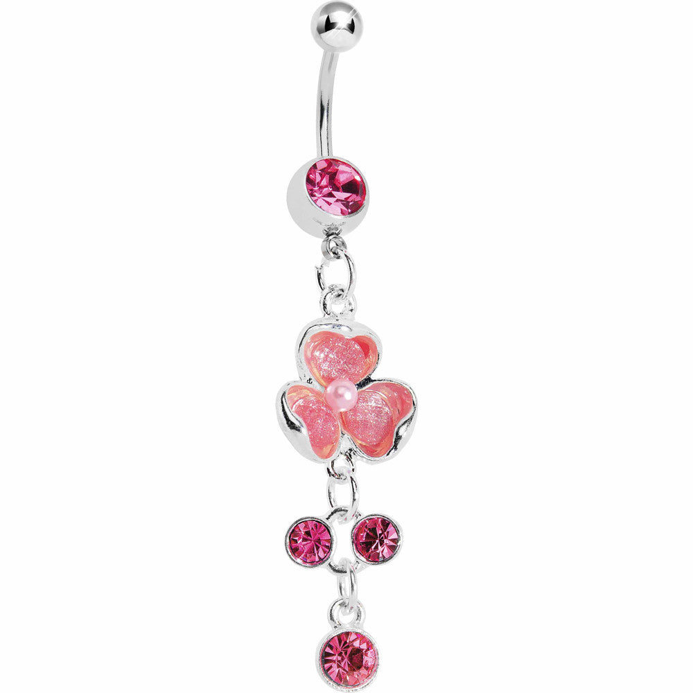 Floral Allure Pink Gem Dangle Belly Ring