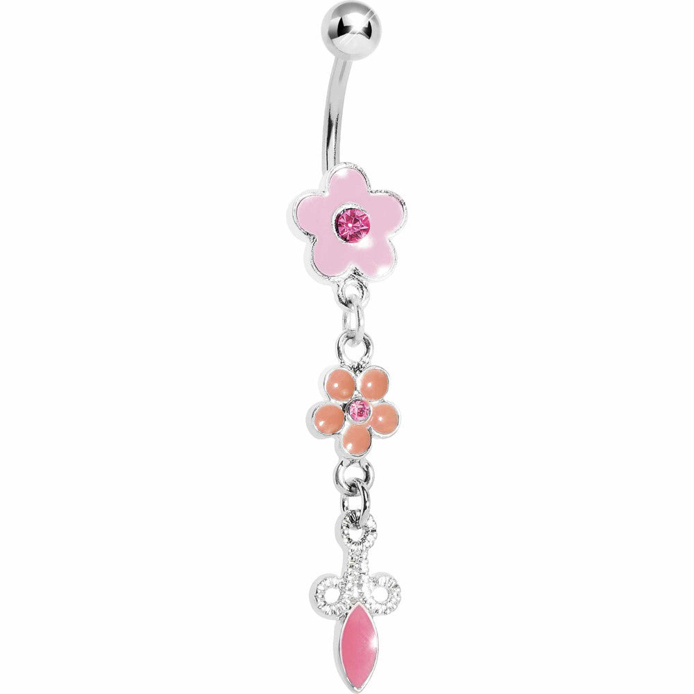 Pink Double Flower Drop Belly Ring