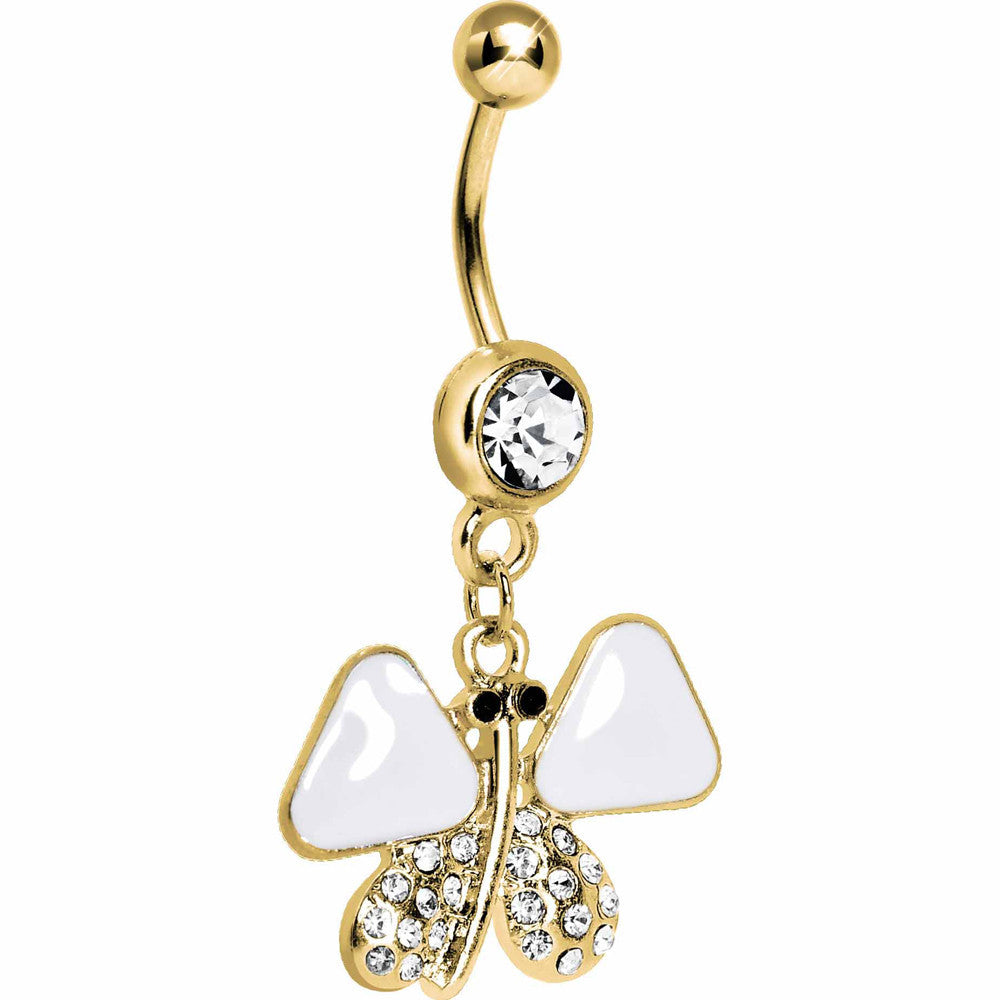 Gold Plated White Enamel Jeweled Butterfly Dangle Belly Ring