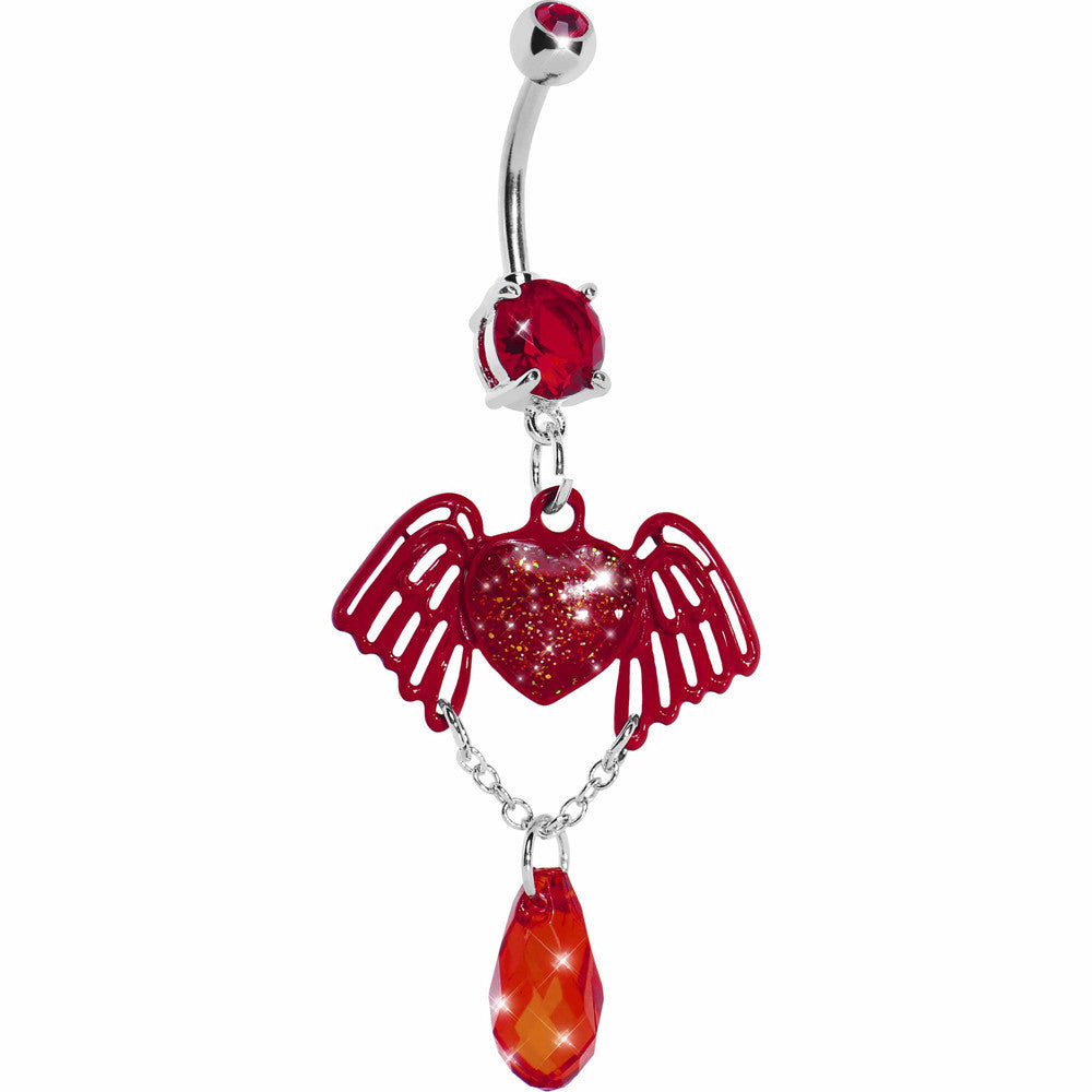 Red Winged Heart Teardrop Gem Dangle Belly Ring