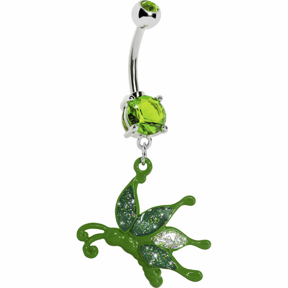 Glittery Green Butterfly Dangle Belly Ring