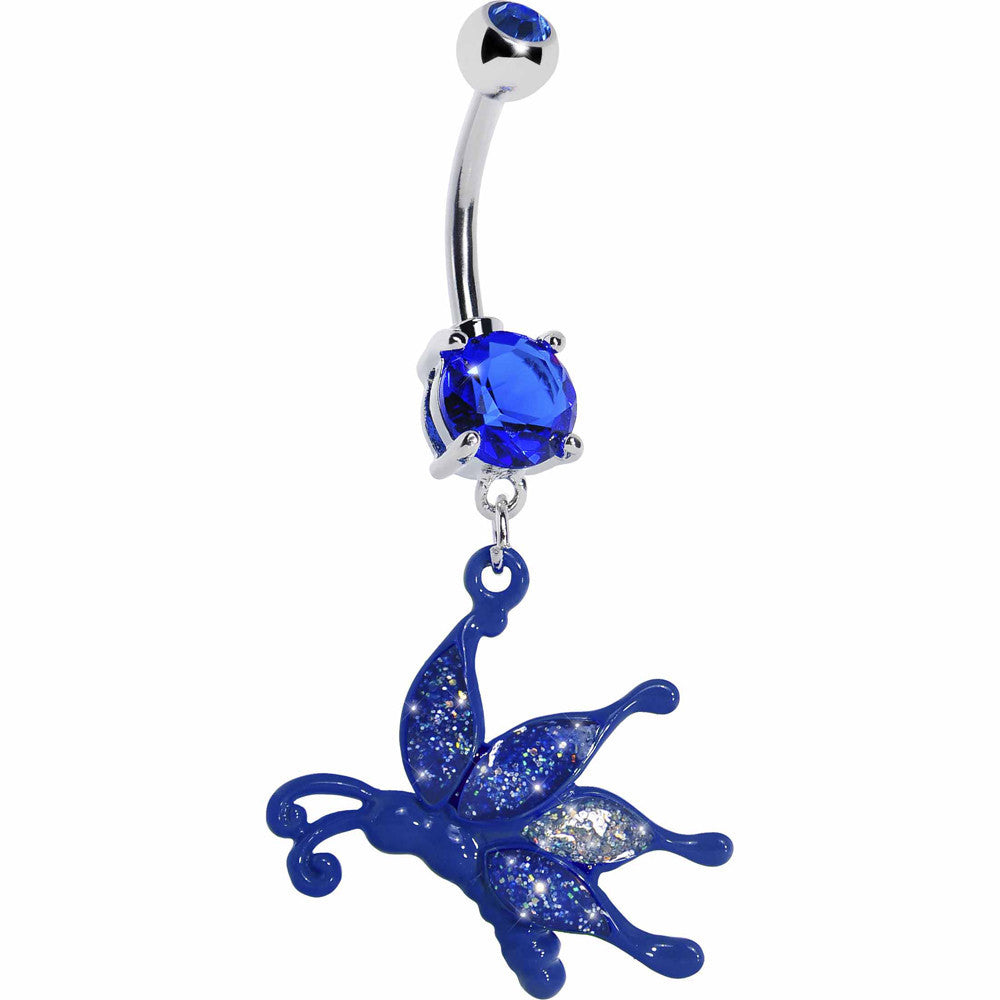 Glittery Blue Butterfly Dangle Belly Ring