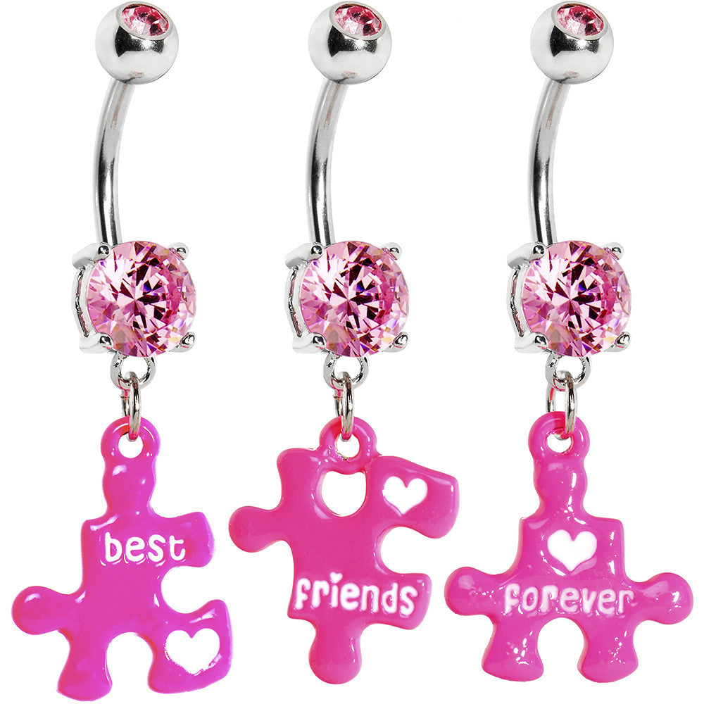 Pink Gem Triple Puzzle Piece Best Friends Forever Belly Ring Set