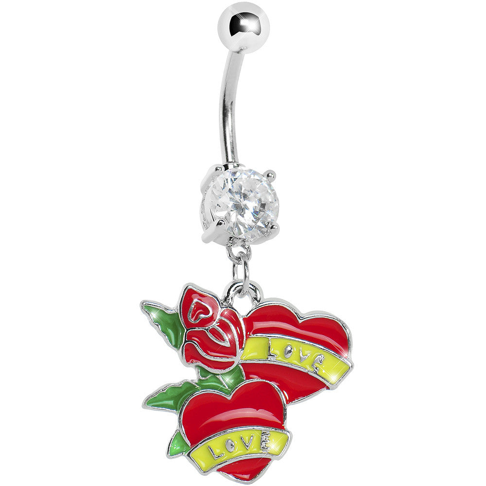Crystalline Gem Love Banner Dual Heart Belly Ring