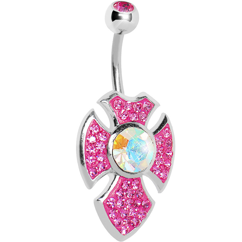 Pink Gem Aurora Center Latin Cross Belly Ring