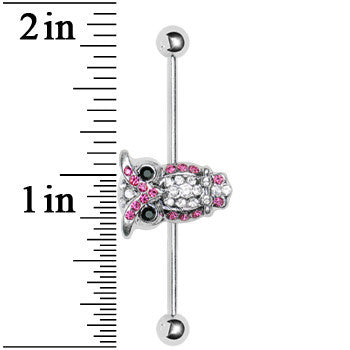 Pink and Clear Gem Paved Owl Industrial Barbell 37mm