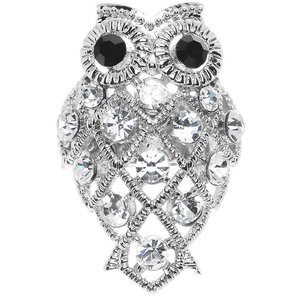 Clear Gem Sparkle Black Eyed Owl Adjustable Ring