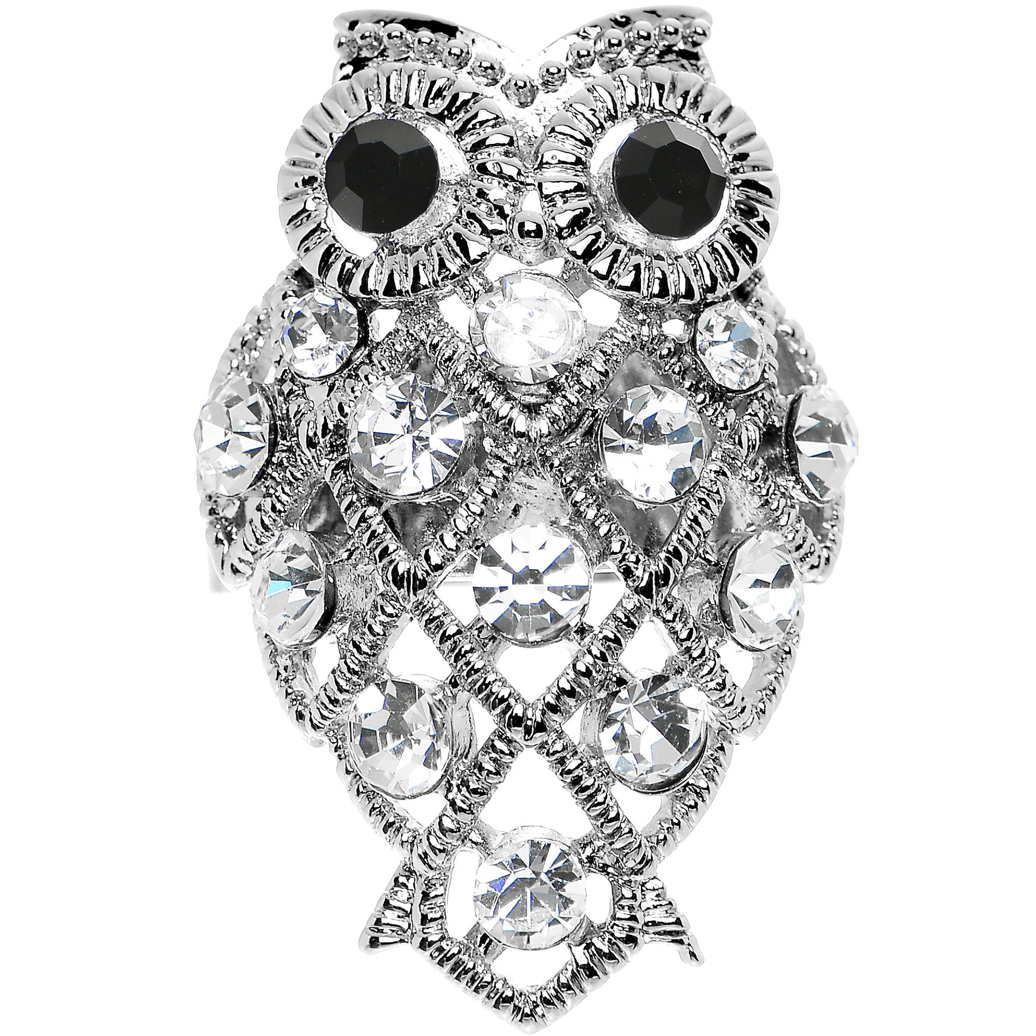 Clear Gem Sparkle Black Eyed Owl Adjustable Ring