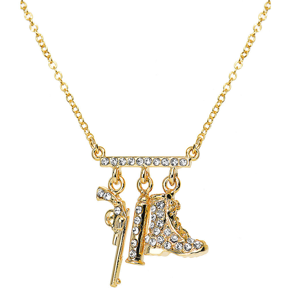 Gold Tone Jeweled Fab Revolver Charm Necklace